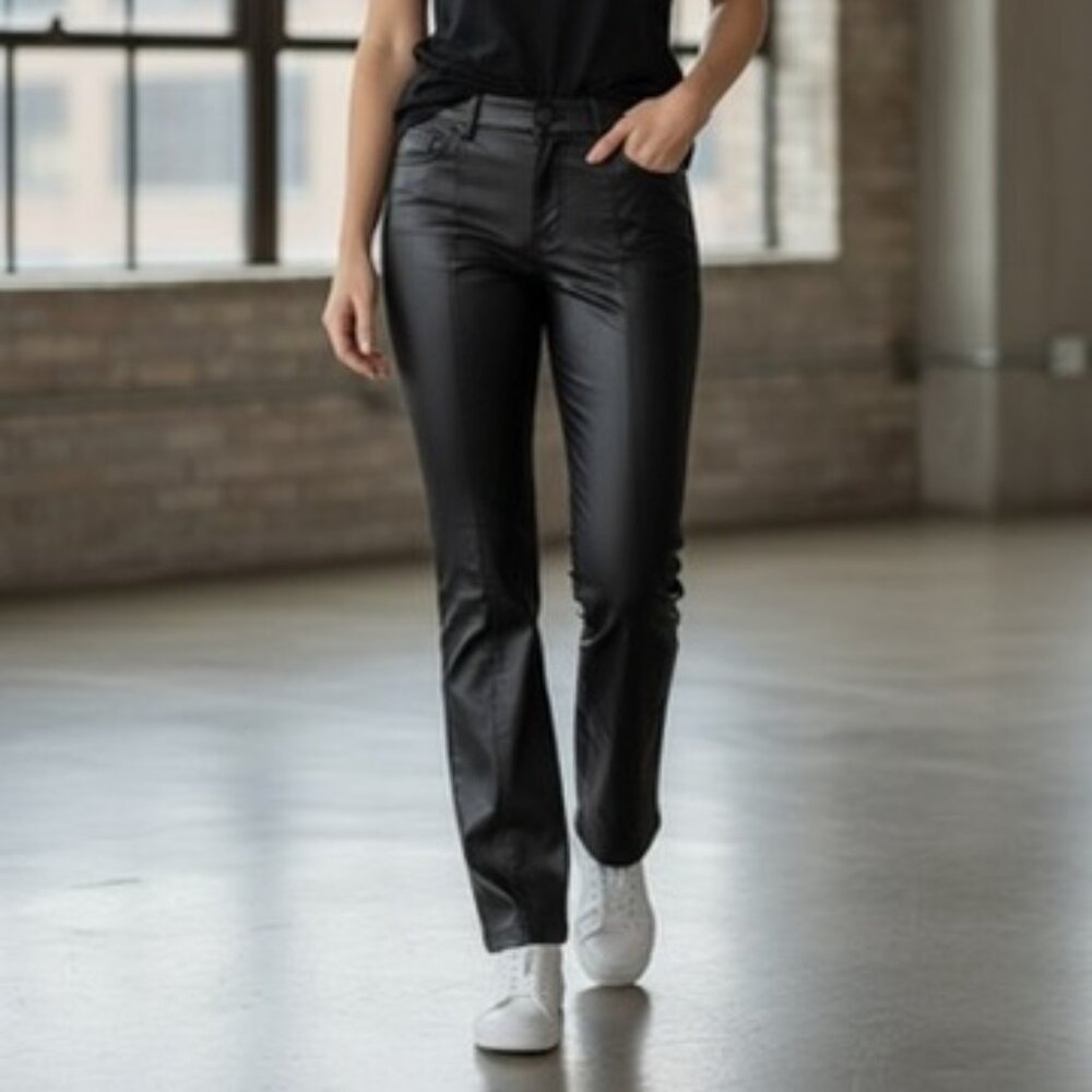 EUC Zara Faux Leather ‘90s Wide Leg High Rise Pants Side Boot Zipper BLK Med